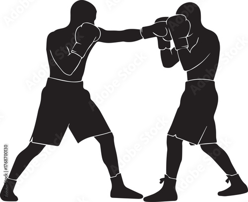Dynamic boxing silhouette two fighters engaged in intense match punching action