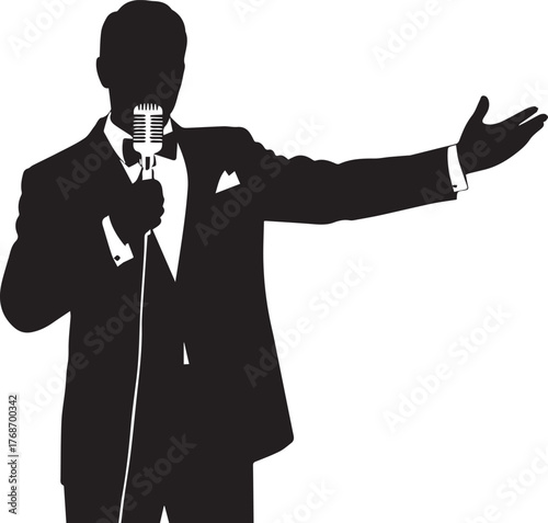 Silhouette of a confident businessman in a tuxedo speaking into a vintage microphone