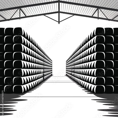 Rows of stacked tires in a warehouse under a metal roof