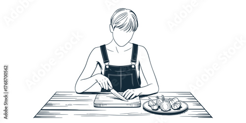 Minimalist single line art of a person preparing food at a table vector