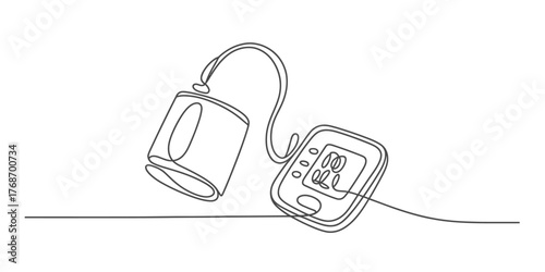 Continuous line drawing of a blood pressure monitor and cuff minimal art sketch vector
