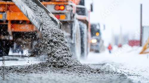 Pouring concrete in winter conditions, construction site with trucks and snow, cold weather infrastructure project. Ground level view, close up of pouring concrete.