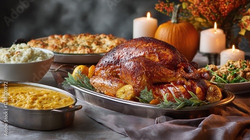 An elegant Thanksgiving feast featuring a golden-brown roasted turkey, vibrant autumn decorations, and an array of traditional side dishes like mashed potatoes and stuffing.