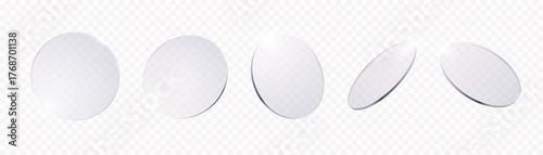 Glass circles. Transparent realistic round lenses with glossy mirror reflection in different angles. Clean glass plates, optical elements. 3D disks vector isolated set.