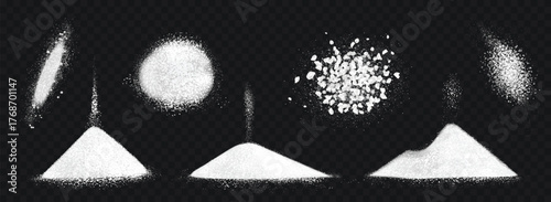 Sugar heap. Salt sea powder pile top view, realistic white crystal sand, falling flour grains, baking soda flake bulk, salty spice. Snow hill. Vector isolated on transparent background.