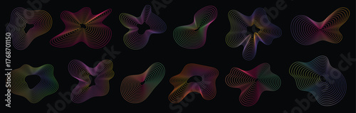 Amorphous shapes. Abstract neon dynamic shape, 3d line wave pattern, radial technology ripple texture. Music pulse color fluid gradient. Digital sound flow visual effect. Vector set.