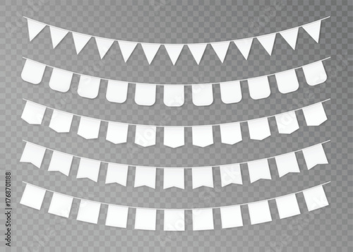 Bunting flags realistic. White party banner garland for kids birthday or carnival. Blank 3D pennants with rope. Holiday festival, anniversary day decoration. Vector isolated set.