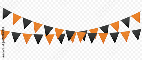 Halloween bunting flags. Festive garland with black and orange paper triangle pennants, autumn spooky carnival decoration. 3D realistic vector isolated mockup for party invitation card.