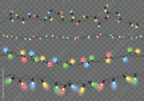 Christmas lights. 3D realistic Xmas garland, festive party decoration with glowing bright color light bulbs. Winter holiday carnival horizontal shiny garlands. Vector isolated set.