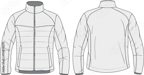Jacket, quilted, zip-up, fashion, vector, illustration, front, back, sketch, outline, collar, pocket, padded, warm, stylish, casual, garment, design, structured, sporty, outerwear