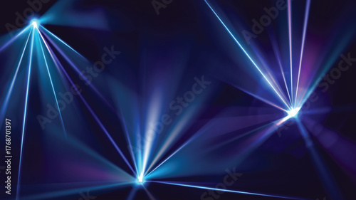 Laser show. Concert music stage with spotlight laser blue beams, nightclub disco DJ scene with futuristic led rays. Vector nightlife entertainment realistic background.