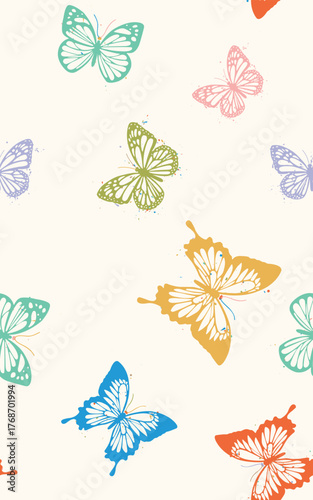 Colorful Butterfly Stamp Pattern, Vintage Grunge Texture