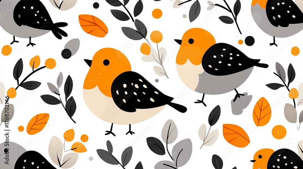 Fototapeta premium Cartoon birds stand among leaves in a seamless pattern on a white background. - high quality Cartoon birds stand among leaves in a seamless pattern on