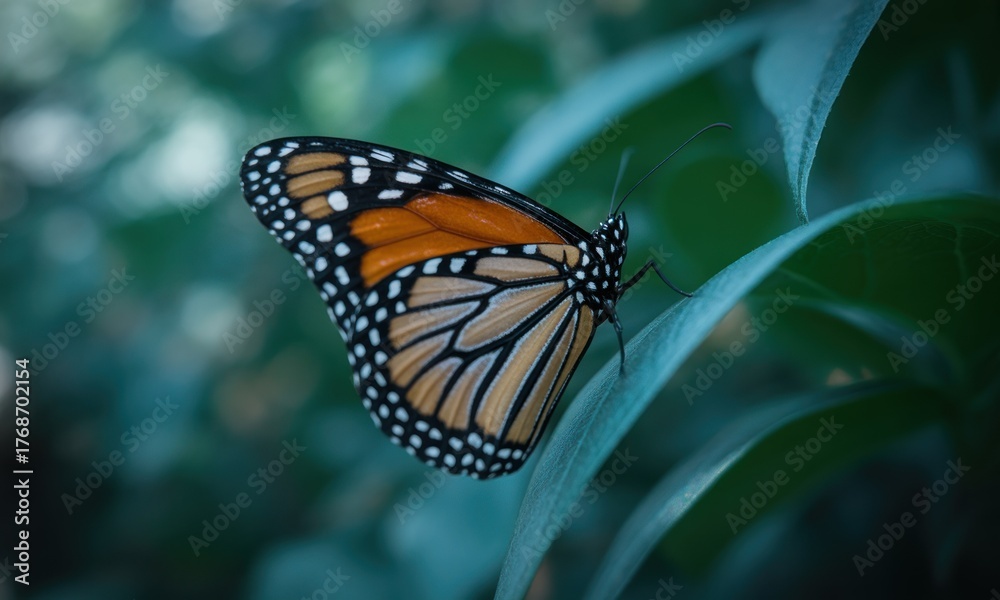 Fototapeta premium Monarch butterfly resting on teal-hued leaves