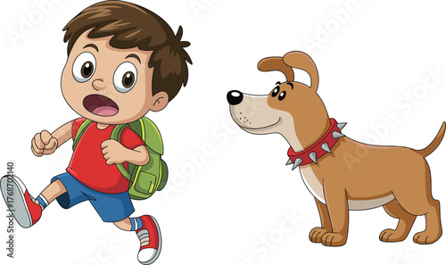 Cartoon boy, running child, surprised expression, dog encounter, playful moment, backpack, red shirt, blue shorts, isolated, white background, vector art