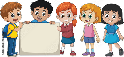 Cartoon children, blank sign, diverse students, school kids, cheerful group, colorful outfits, smiling faces, education concept, isolated, white background
