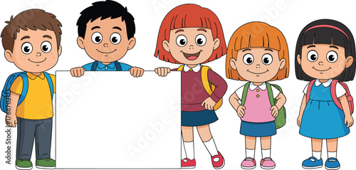 Cartoon children, diverse students, school kids, blank sign, education concept, colorful outfits, backpacks, group pose, cheerful, isolated, white background