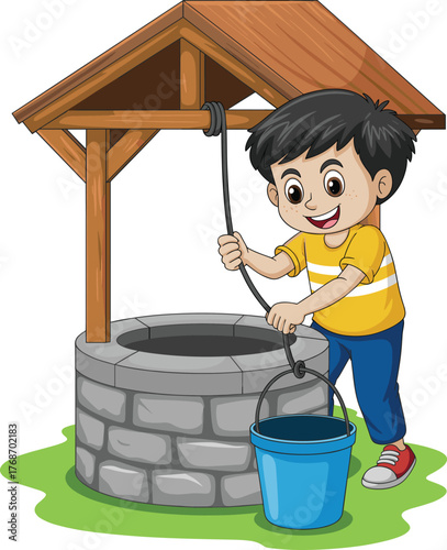 Child drawing water, cartoon illustration, stone well, rope and bucket, pulley system, rural life, outdoor scene, groundwater access, smiling kid