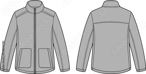 Technical jacket sketch, front and back view, high collar, patch pockets, zipper closure, seam details, fashion design, garment construction, apparel illustration