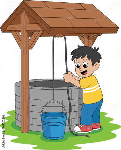 Child drawing water, cartoon illustration, stone well, rope and bucket, pulley system, rural life, outdoor scene, traditional method, groundwater access