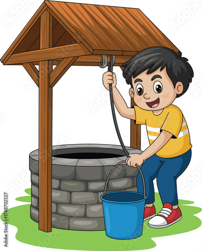 Child drawing water, cartoon illustration, stone well, rope and bucket, pulley system, rural life, outdoor scene, traditional method, smiling kid