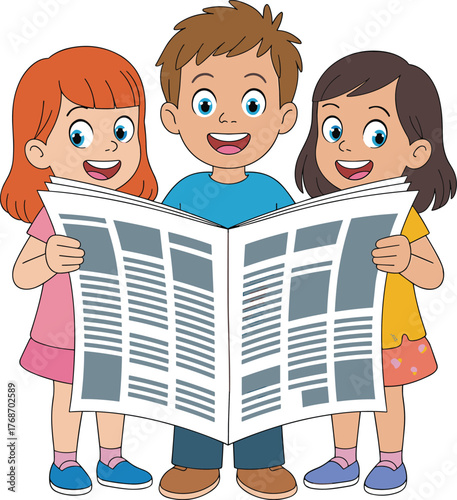 Children reading, cartoon kids, newspaper activity, shared learning, group engagement, curiosity, education concept, vector illustration, isolated, colorful characters