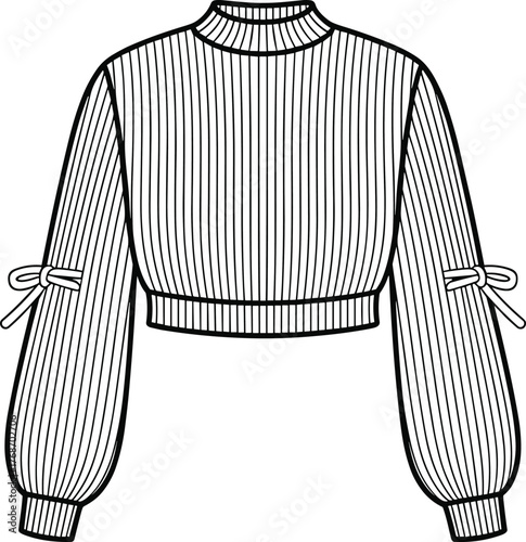 Cropped sweater, ribbed texture, fashion sketch, high neckline, bow detail, voluminous sleeves, garment design, technical illustration, isolated, vector drawing