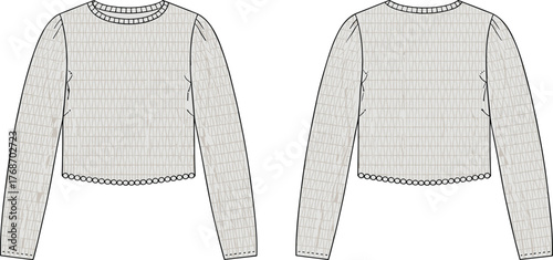 Cropped top, fashion sketch, front view, back view, scalloped hem, stripe texture, fitted silhouette, garment design, vector, isolated