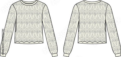 Lace blouse, fashion sketch, front view, back view, scalloped hem, floral pattern, garment design, technical illustration, vector, isolated