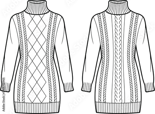 Sweater dress, turtleneck style, cable knit, argyle pattern, ribbed cuffs, fashion sketch, garment design, technical illustration, isolated, vector drawing