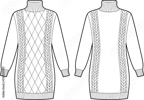 Sweater dress, turtleneck style, cable knit, diamond pattern, ribbed cuffs, fashion sketch, garment design, technical illustration, isolated, vector drawing