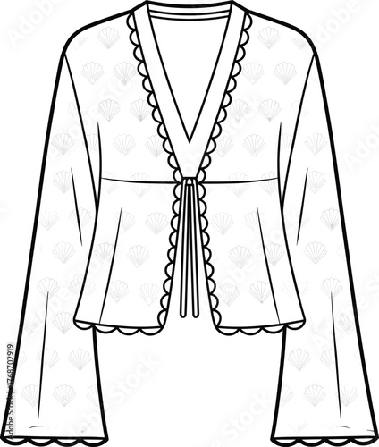 Women’s blouse sketch, fashion design, flared sleeves, V-neckline, scalloped edges, waist tie, garment illustration, stylish top, line drawing, apparel concept