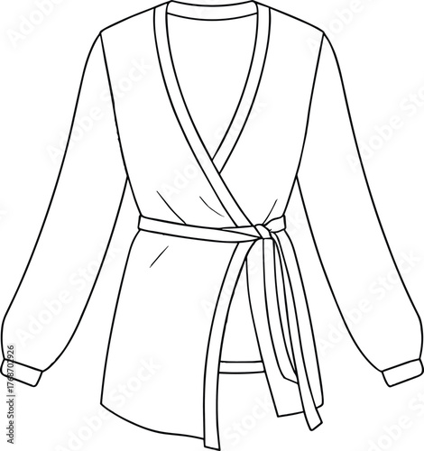 Wrap blouse sketch, fashion illustration, deep V-neckline, puff sleeves, tied waist, asymmetrical hem, garment design, sewing pattern, stylish top