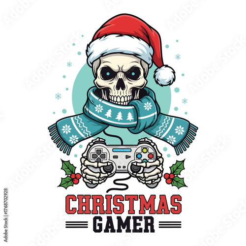 Christmas Gamer Skeleton with Santa Hat and Controller