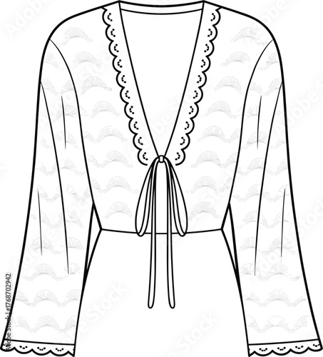 Women’s blouse sketch, fashion illustration, scalloped lace, V-neckline, long sleeves, front tie, cropped top, garment design, stylish, elegant