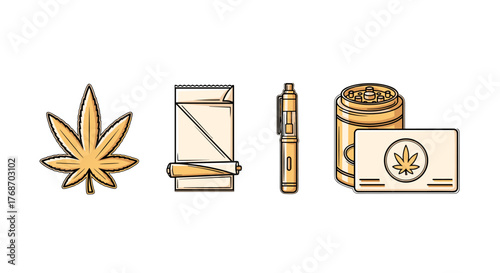 A collection of stylized golden cannabis-related icons, including a marijuana leaf, rolling papers and a filter, a vape pen, and a grinder with a cannabis card, presented on a black background