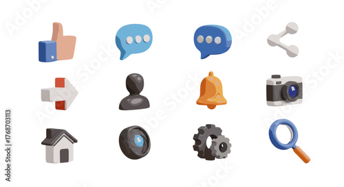 Collection of 3D rendered social media icons and UI elements, including a thumbs up, speech bubbles, share icon, arrow, user profile, bell, camera, house, lens, gears, and magnifying glass, set