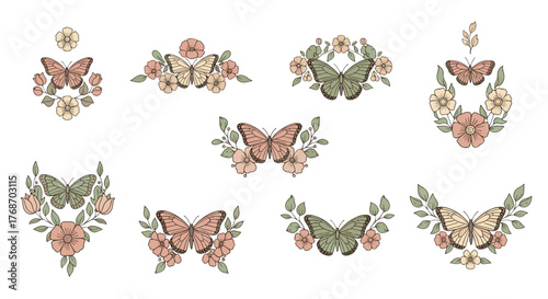 Collection of delicate, hand-drawn butterfly and floral emblems in pastel tones, featuring intricate wing patterns and blooming flowers, perfect for elegant designs, invitations, and naturalistic art