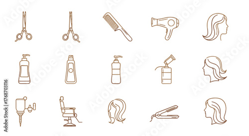 Golden Outline Icons of Hair Salon and Barber Shop Essentials on Black Background: Scissors, Comb, Hair Dryer, Shampoo Bottles, Hair Spray, Styling Chair, Hair Straightener, and Female Silhouettes