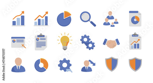 Collection of 3D business icons and symbols, including bar charts, pie charts, lightbulbs, gears, magnifying glass, handshake, clipboard, team, and shields, representing concepts like growth, ideas
