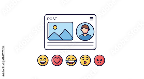Social media post interface with user profile, image placeholder, and a row of diverse emoji reactions including happy, love, laughing, surprised, and angry faces, representing online engagement and