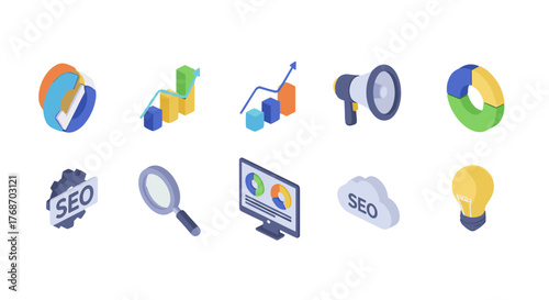 Isometric digital marketing icons set, including pie charts, bar graphs, magnifying glass, computer monitor with analytics, megaphone, lightbulb, and SEO cloud, representing business growth, data