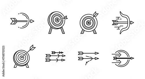 Set of stylized archery icons and symbols, including targets with arrows, a bow with an arrow, and multiple arrows in flight, presented in a sleek, modern, minimalist line art style with metallic