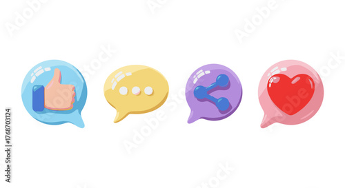 Set of four 3D social media icons in speech bubbles: a blue thumb up, a yellow ellipsis for typing, a purple share icon, and a pink heart for likes, all rendered with a glossy, cartoonish aesthetic
