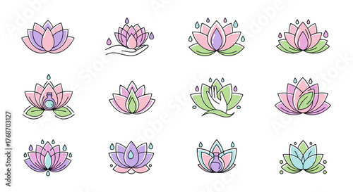 Collection of stylized lotus flower icons in pastel colors, symbolizing purity, enlightenment, and tranquility, perfect for wellness, spa, yoga, and meditation branding, with subtle water droplet
