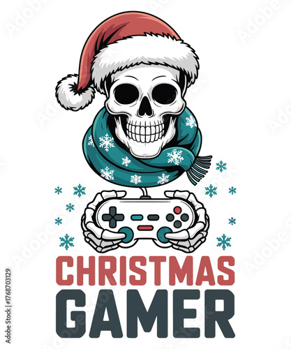 Christmas Gamer Skeleton with Santa Hat and Controller