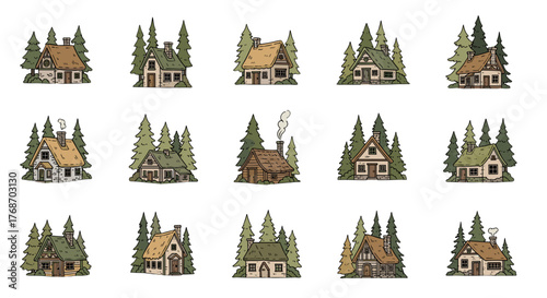 Collection of charming, hand-drawn cabins nestled amongst tall pine trees, evoking a cozy, rustic, and secluded forest retreat atmosphere, perfect for nature-themed designs and illustrations.