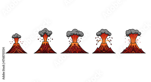 Exploding Volcano Stages: A Visual Sequence of Volcanic Eruption Dynamics, From Gentle Smoke to Violent Lava Spewing, Illustrating Geological Power and Natural Phenomena in a Clear, Stylized Vector