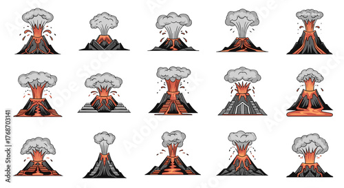 Collection of stylized volcano eruption illustrations, showcasing different stages and intensities of volcanic activity with flowing lava, ash clouds, and explosive debris against a black background