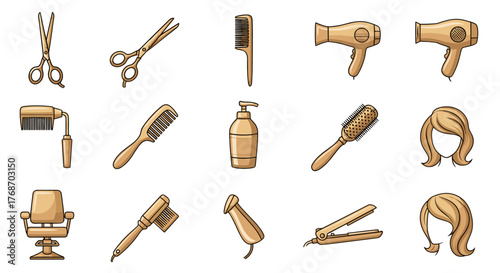 A collection of golden-brown hair salon and barber shop tools and accessories, including scissors, combs, hair dryers, brushes, a shampoo dispenser, a barber chair, and hairstyles, all isolated on a